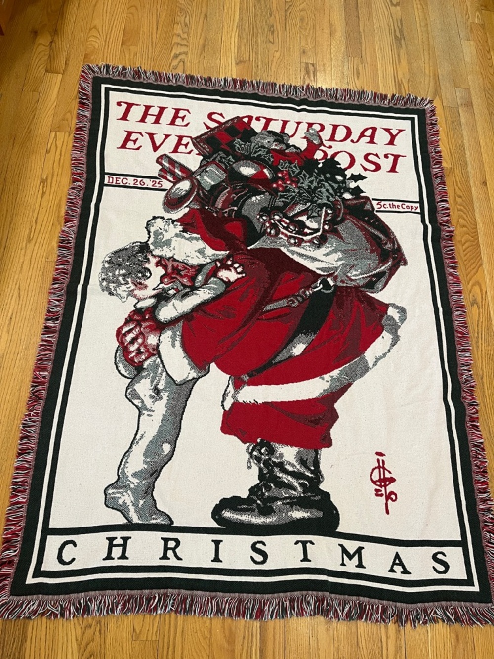 Goodwin Weavers Norman Rockwell Hug From Santa Christmas Tapestry Throw Blanket